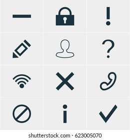 Vector Illustration Of 12 User Icons. Editable Pack Of Padlock, Help, Alert And Other Elements.