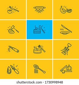 Vector illustration of 12 utensil icons line style. Editable set of rolling pin, tomato knife, corkscrew and other icon elements.