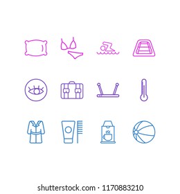 Vector illustration of 12 vacation icons line style. Editable set of pillow, router, coffee machine and other icon elements.