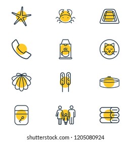 Vector illustration of 12 vacation icons line style. Editable set of hotel room, starfish, towels and other icon elements.