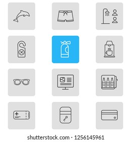 Vector illustration of 12 vacation icons line style. Editable set of coffee machine, online booking, flight ticket and other icon elements.