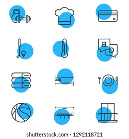 Vector illustration of 12 vacation icons line style. Editable set of balcony, credit card, golf and other icon elements.
