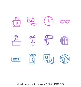 Vector illustration of 12 vacation icons line style. Editable set of hotel worker, bikini, tea cup and other icon elements.