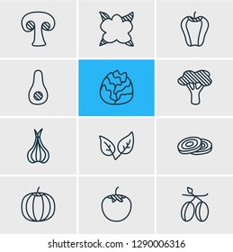 Vector illustration of 12 vegetables icons line style. Editable set of olives, cole, bulgarian bell and other icon elements.