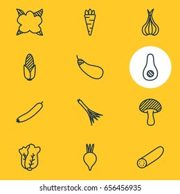 Vector Illustration Of 12 Vegetables Icons. Editable Pack Of Papaya, Root Vegetable, Mushroom And Other Elements.