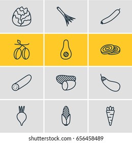 Vector Illustration Of 12 Vegetables Icons. Editable Pack Of Root Vegetable, Papaya, Green Onion And Other Elements.