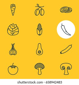 Vector Illustration Of 12 Vegetables Icons. Editable Pack Of Turnip, Fungi, Maize And Other Elements.