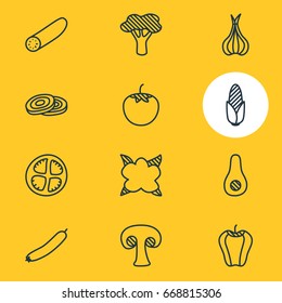 Vector Illustration Of 12 Vegetables Icons. Editable Pack Of Maize, Tree, Tomato Slice And Other Elements.