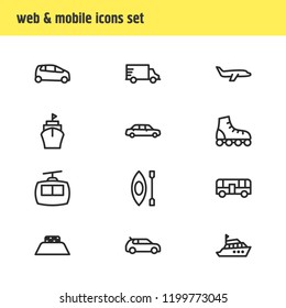Vector illustration of 12 vehicle icons line style. Editable set of ship, plane, kayak and other icon elements.