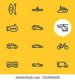 Vector illustration of 12 vehicle icons line style. Editable set of truck, helicopter, medium suv and other icon elements.