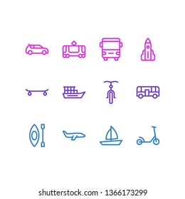 Vector illustration of 12 vehicle icons line style. Editable set of vessel, bus, skate and other icon elements.