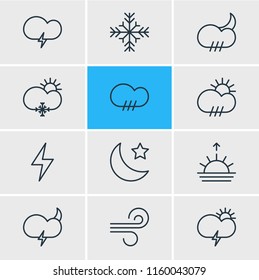 Vector illustration of 12 weather icons line style. Editable set of wind, gale, snowstorm and other icon elements.