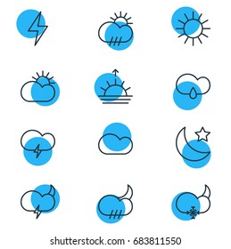 Vector Illustration Of 12 Weather Icons. Editable Pack Of Lightning, Cloudy, Sunset And Other Elements.