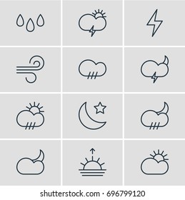 Vector Illustration Of 12 Weather Icons. Editable Pack Of Moon Month, Weather, Lightning And Other Elements.