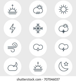 Vector Illustration Of 12 Weather Icons. Editable Pack Of Breeze, Lightning, Rain And Other Elements.