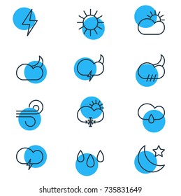 Vector Illustration Of 12 Weather Icons. Editable Pack Of Breeze, Sunlight, Moon Month And Other Elements.