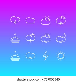 Vector Illustration Of 12 Weather Outline Icons. Editable Set Of Sunny, Windstorm, Lightning And Other Elements.