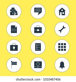 Vector illustration of 12 web icons. Editable set of map marker, notification, chat and other icon elements.