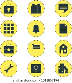 Vector illustration of 12 web icons. Editable set of grid, portfolio, gift and other icon elements.