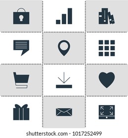 Vector illustration of 12 web icons. Editable set of full screen, location mark, e-mail and other icon elements.