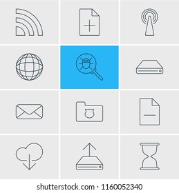 Vector illustration of 12 web icons line style. Editable set of hard drive backup, cloud download, protected folder and other icon elements.