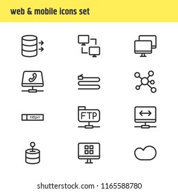 Vector Illustration Of 12 Web Icons Line Style. Editable Set Of File Transfer Protocol, Peer To Peer Client, Cable And Other Icon Elements.