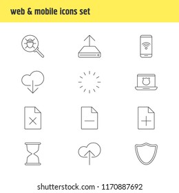 Vector illustration of 12 web icons line style. Editable set of remove file, cloud download, delete document and other icon elements.