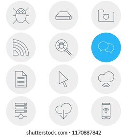 Vector illustration of 12 web icons line style. Editable set of phone, database, chat and other icon elements.