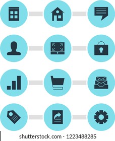 Vector illustration of 12 web icons. Editable set of share, inbox, tag and other icon elements.