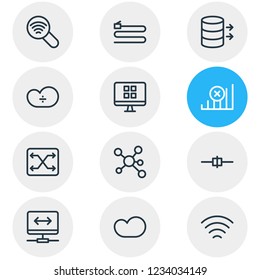 Vector illustration of 12 web icons line style. Editable set of data, share, system and other icon elements.