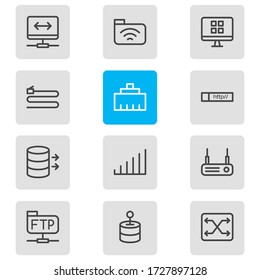 Vector Illustration von 12 Web Icons line Stil. Bearbeitbarer Satz von Switch-, Daten-, Kabel- und anderen Icon-Elementen.