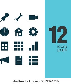 Vector illustration of 12 web icons. Editable set of camcorder, pin, settings and other icon elements.
