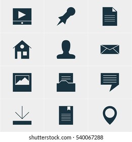 Vector Illustration Of 12 Web Icons. Editable Pack Of Letter, Upload, Landscape Photo Elements.