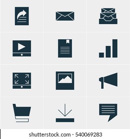 Vector Illustration Of 12 Web Icons. Editable Pack Of Document Transfer, Upload, Bullhorn And Other Elements.