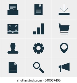 Vector Illustration Of 12 Web Icons. Editable Pack Of Map Pointer, Document Directory, Gear And Other Elements.