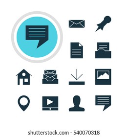 Vector Illustration Of 12 Web Icons. Editable Pack Of House, Play Button, Chat And Other Elements.