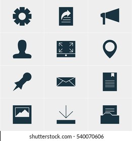 Vector Illustration Of 12 Web Icons. Editable Pack Of Bullhorn, Maximize, Gear And Other Elements.