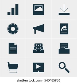 Vector Illustration Of 12 Web Icons. Editable Pack Of Gear, Upload, Document Directory And Other Elements.