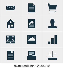 Vector Illustration Of 12 Web Icons. Editable Pack Of Document, Landscape Photo, Bookmark Elements.