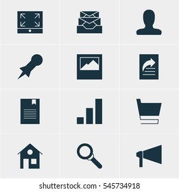 Vector Illustration Of 12 Web Icons. Editable Pack Of Increase Chart, Bookmark, House And Other Elements.