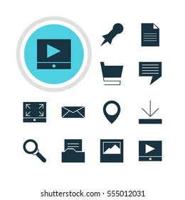 Vector Illustration Of 12 Web Icons. Editable Pack Of Document Directory, Map Pointer, Upload And Other Elements.