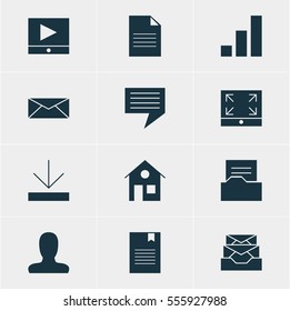 Vector Illustration Of 12 Web Icons. Editable Pack Of Document, Upload, Messages And Other Elements.
