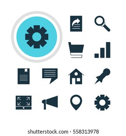 Vector Illustration Of 12 Web Icons. Editable Pack Of Bullhorn, Magnifier, House And Other Elements.