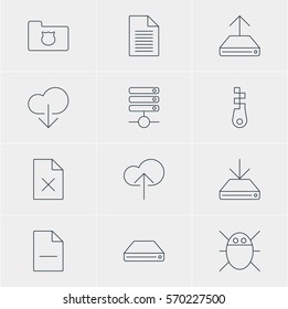 Vector Illustration Of 12 Web Icons. Editable Pack Of Hard Drive Disk, Privacy Doc, Cloud Download And Other Elements.