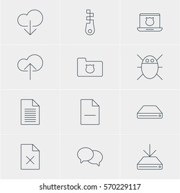 Vector Illustration Of 12 Web Icons. Editable Pack Of Hard Drive Disk, Delete Data, Fastener And Other Elements.