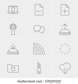 Vector Illustration Of 12 Web Icons. Editable Pack Of Secure Laptop, Removing File, Router And Other Elements.