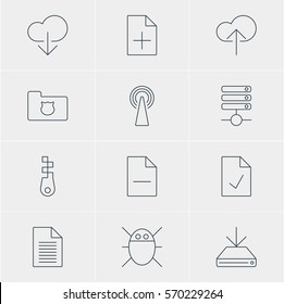 Vector Illustration Of 12 Web Icons. Editable Pack Of Server, Document Adding, Router And Other Elements.