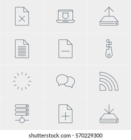 Vector Illustration Of 12 Web Icons. Editable Pack Of Talking, Secure Laptop, Wireless Network And Other Elements.