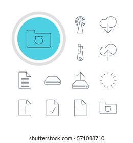 Vector Illustration Of 12 Web Icons. Editable Pack Of Hard Drive Disk, Waiting, Document Adding And Other Elements.