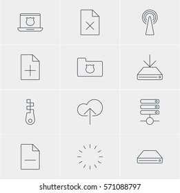 Vector Illustration Of 12 Web Icons. Editable Pack Of Router, Server, Removing File And Other Elements.